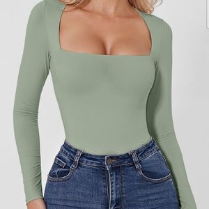 Women's Sexy Square Neck Bodysuit Long Sleeve Double Shirt Tops